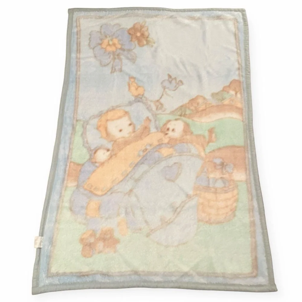 Vtg White Lamb Plush Baby Blanket Outdoor Cradle Birds Dog Silky Soft Blue Green
